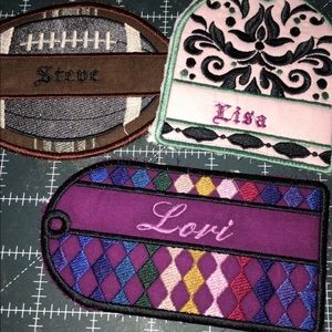 Embroidered snack bags, luggage tags,